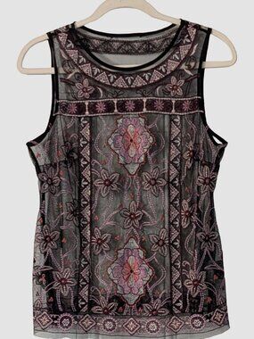 White House Black Market Sheer Embroidered Mesh Top S Floral Boho Sleeveless